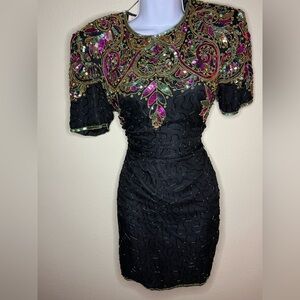 100% silk Laurence Kazar Black and Purple Sequin Mini Dress